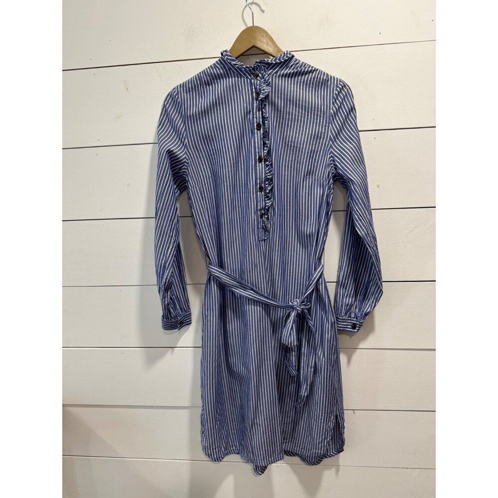 Ann Taylor Blue/White Striped Shirt Dress Ruffle Detail Sz Small